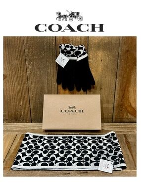 Coach Signature Metallic Gloves and Scarf Set with Free Gift Box.